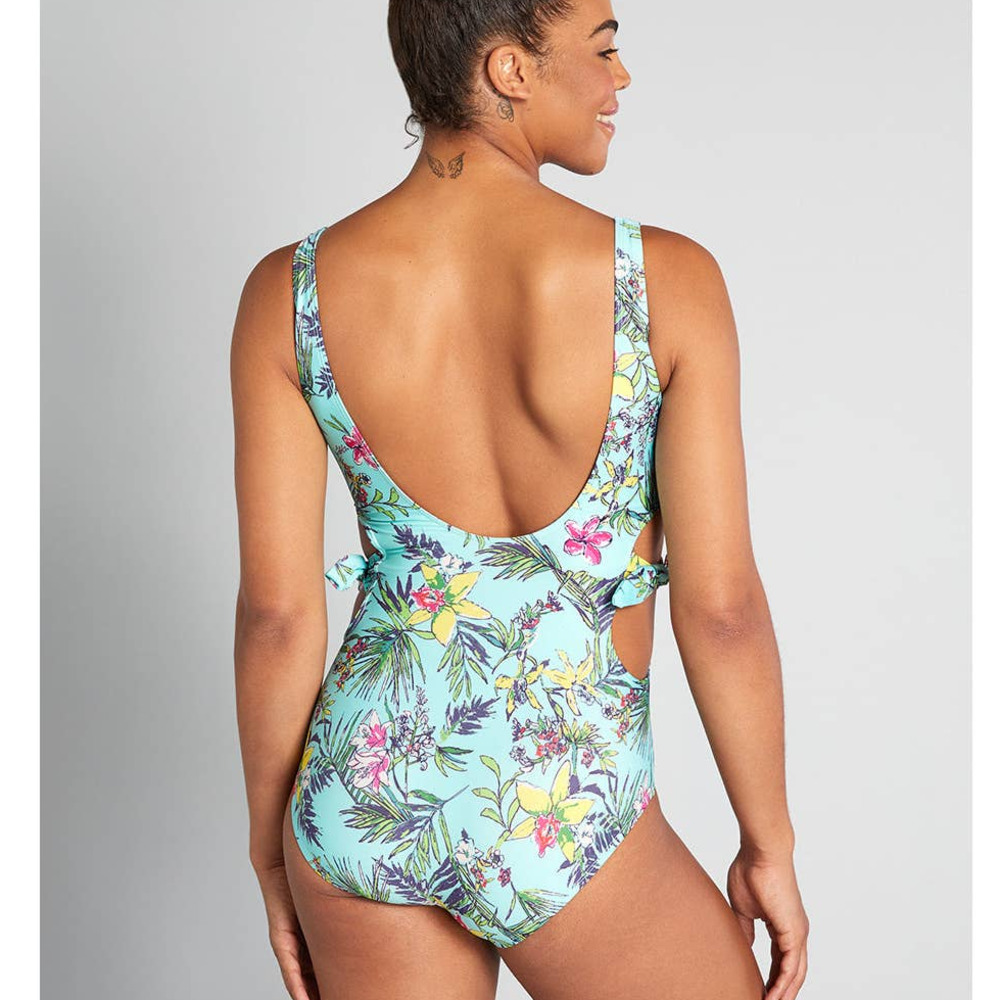 ModCloth One Piece Swimsuit Large Stevie Mint Floral Cutout Tropical - Picture 4 of 11